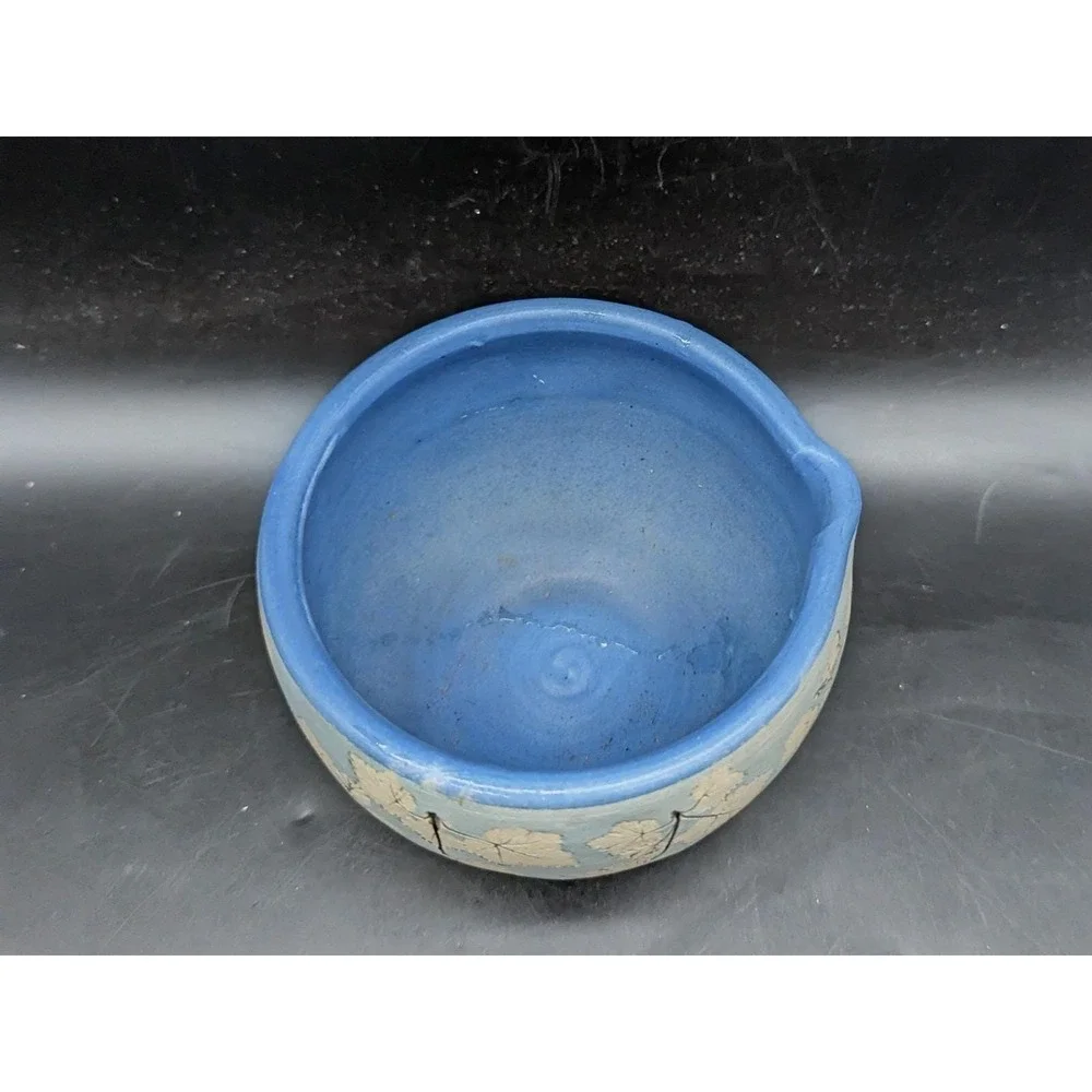 Vintage Wizards Of Clay Studio Art Pottery Impressed Leaf Blue Batter Bowl 5